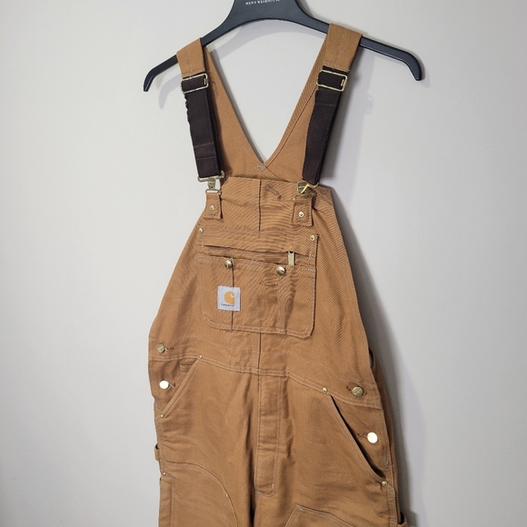 Carhartt Bib Overalls Mens 34x34 Tan Double Knee Canvas Duck Zip To Thigh - Picture 3 of 14